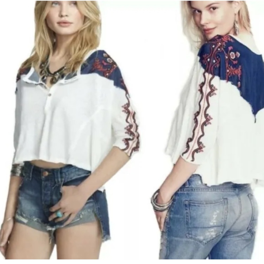 We The Free People Rio Henley Embroidered Linen Crop Oversized Top Raw Edge P/S